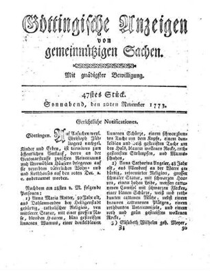 47stes Stück. Sonnabend, den 20ten November 1773.