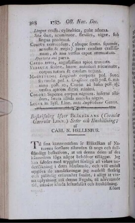 Beskrifning öfver Blåkråkans( Coraciæ Garrulæ) Seder och hushålling