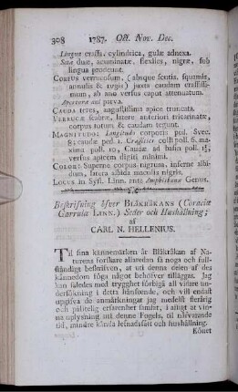 Beskrifning öfver Blåkråkans( Coraciæ Garrulæ) Seder och hushålling