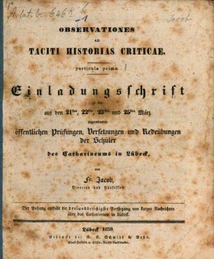 Einladungsschrift zu den ... öffentlichen Prüfungen, Versetzungen und Redeübungen der Schüler des Catharineums in Lübeck, 1839