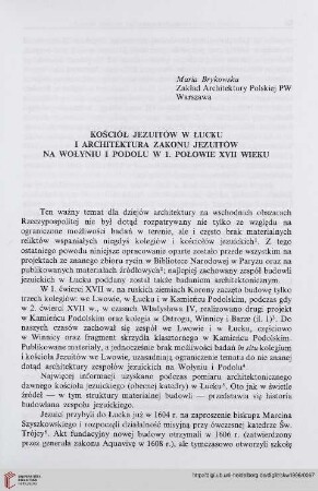 2: Kościół Jezuitów w Łucku i architektura zakonu Jezuitów na Wołyniu i Podolu w 1. połowie XVII wieku