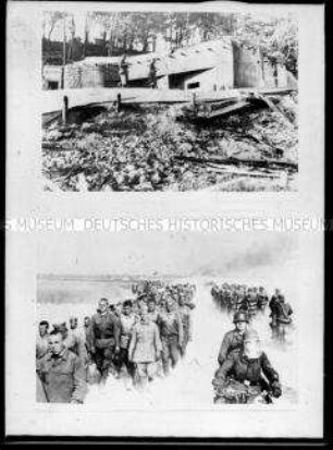 Bunkeranlage (oben); Kriegsgefangene auf dem Marsch (?, unten), 2. Weltkrieg
