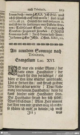 Am neundten Sonntage nach Trinitatis. Evangelium Luc. XVI