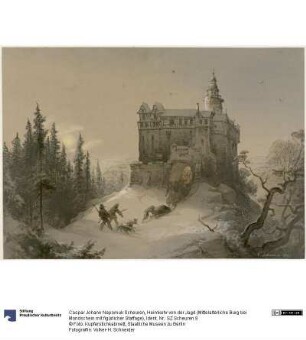 Heimkehr von der Jagd (Mittelalterliche Burg bei Mondschein mit figürlicher Staffage)