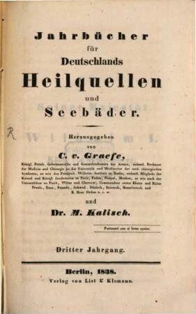 Jahrbücher für Deutschlands Heilquellen und Seebäder. 3. 1838
