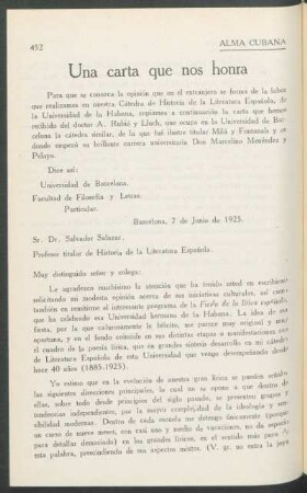 Una carta que nos honra