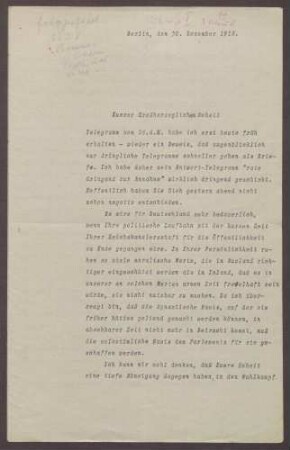 Schreiben von Walter Simons an Prinz Max von Baden; Kandidatur des Prinzen Max für die Wahlen zum Reichspräsidenten 1919, Umbrüche in der Reichskanzlei, Einschätzungen zur Stellung von Friedrich Ebert