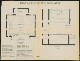Schauspielhaus, Köln: Bühnengrundriss und Bühnenlängsschnitt 1:100