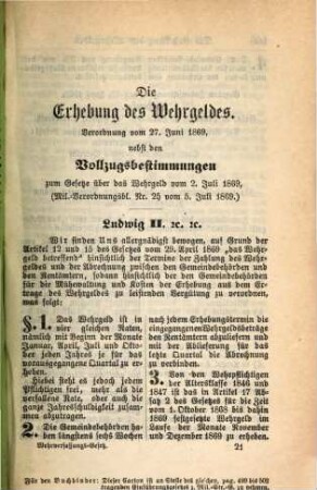 Bayerisches Wehrverfassungs-Gesetz : in Wirksamkeit getreten am 1. Februar 1868 ; nebst Inhaltsverzeichniß, Sachregister und Anmerkungen. 13, Wehrgeld-Erhebung ...