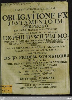 Dissertationem Iuridicam De Obligatione Ex Testamento Imperfecto