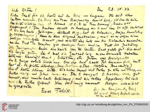 Familienkorrespondenz Klee: Brief von Felix Klee an Lily Klee und Paul Klee