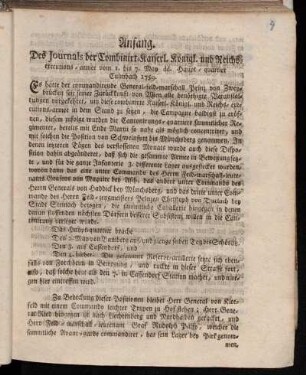 Anfang. Des Journals der Combinirt-Kaiserl. Königl. und Reichs-executions-armee vom 1. bis 7. May dd. Haupt-quartier Culmbach 1759