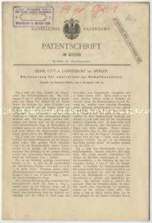 Patentschrift einer Umsteuerung für zweizylindrige Dampfmaschinen, Patent-Nr. 40588