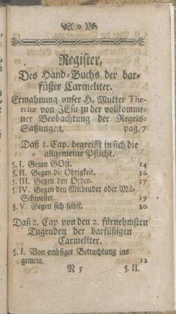 Register, Des Hand-Buchs der barfüßer Carmeliter.