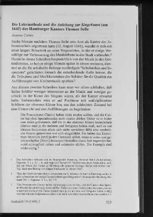 Die Lehrmethode und die Anleitung zur Singekunst (um 1642) des Hamburger Kantors Thomas Selle