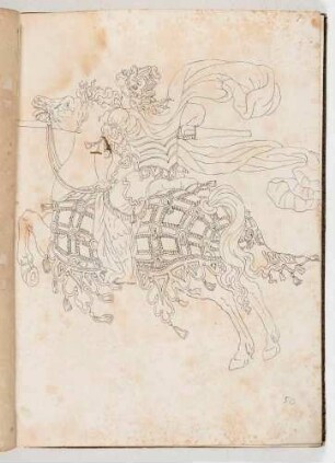 Reiter mit Lanze und wehender Kleidung auf einem springenden Pferd, in einem Band mit Antikischen Figurinen und Pferdedekorationen, Bl. 7