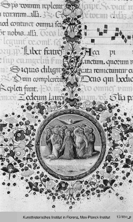 Breviarium Romanum, mit Kalendarium : Textseite mit im Bordürenstab eingeschlossenem Medaillon, darin die Ausgießung des Heiligen Geistes.