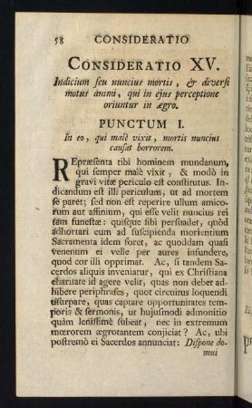 58-81, Consideratio XV. Indicium seu nunsius mortis, & diversi motus animi... - Consideratio XIX. Mors peccatorum doloris plena & pessima est