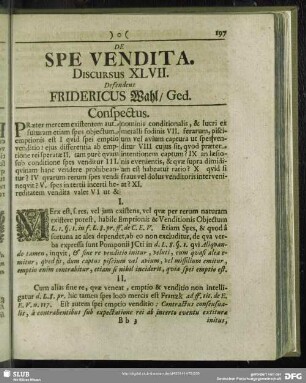 De Spe Vendita, Discursus XLVII. Defendens Fridericus Wahl, Ged.