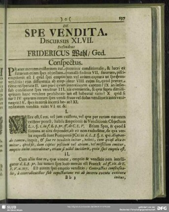 De Spe Vendita, Discursus XLVII. Defendens Fridericus Wahl, Ged.