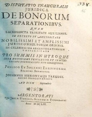 Disputatio Inauguralis Iuridica. De Bonorum Separationibus