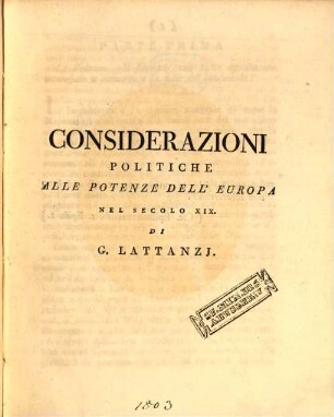 Considerazioni politiche alle potenze dell'Europa nel secolo XIX