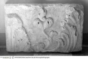 Fragmente einer Marmor(?)-Dekoration mit florealen, vegetabilen und Grotesken-Motiven, Akanthus-Bätter und Kandelaber