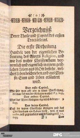 Verzeichnüß Derer Theile und Capitel des ersten Tractätleins.