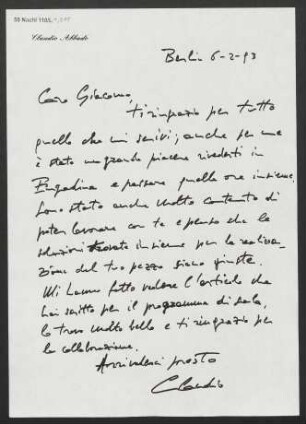 Brief an Giacomo Manzoni, 06.02.1993