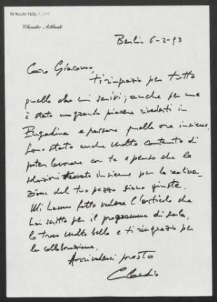 Brief an Giacomo Manzoni, 06.02.1993