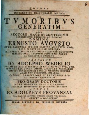 Dissertatio Inavgvralis Medica De Tvmoribus Generatim