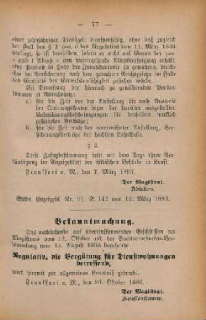 Bekanntmachung. Regulativ, die Vergütung für Dienstwohnungen betreffend,