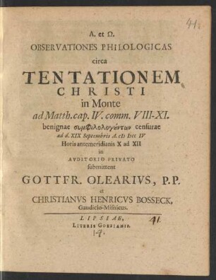 Observationes Philologicas circa Tentationem Christi in Monte ad Matth. cap. IV. comm. VIII - XI. : benignae ... censurae ad d. XIX Septembris A. M DCC IV ...