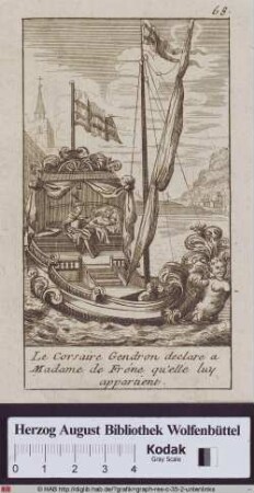 Eine Frau fährt mit einem Korsar auf einem prunkvollen Segelschiff.