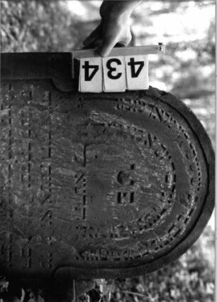 Grabstein 434 (Index: 99803706) Material: Sandstein Zustand: verwitt/unten abgebroch/Textverlust Maße HxBxT: 77x67x10 cm Beschreibung: Stele m. eingezog. gestelzt. Rundbogen, profiliert. Rand, Seitenakroterien Symbolik: Seitenakroterien: Grabstein 434 (Detailaufnahme)