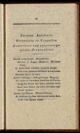 Zweyter Abschnitt. Praeparate et Composita. Zubereitete und zusammengesetzte Arzneymittel.