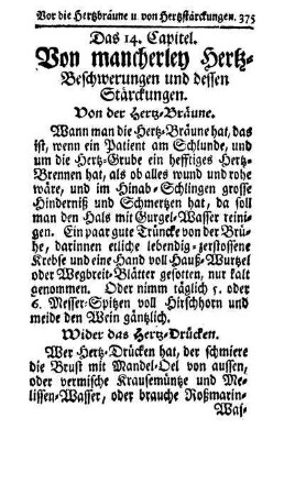 Das 14. Capitel. Von mancherley Hertz-Beschwerungen und dessen Stärckungen.