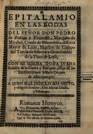 Epitalamio en las bodas del señor Don Pedro de Zuniga
