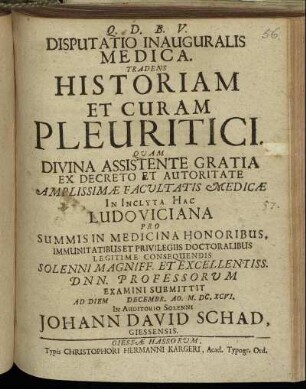 Disputatio Inauguralis Medica. Tradens Historiam Et Curam Pleuritici
