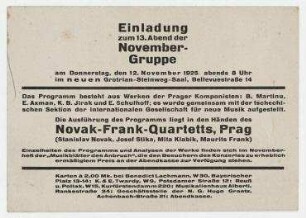 13. Abend der Novembergruppe. Berlin. Einladung und Programm zum 13. Abend der Novembergruppe, 12. November 1925, im Grotrian-Steinweg-Saal, Bellevuestraße 14.