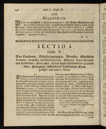 142-238, Classis V. Von Cautionen, Schadloshaltungen, Reversen, öffentlichen patenten, Lirpheden und Eydesformuln, Scheinen, [...].