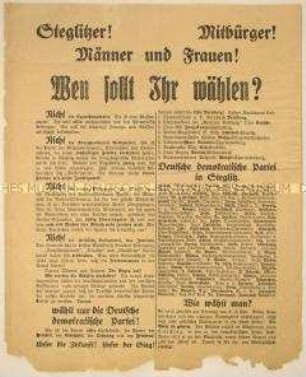 Programmatischer Wahlaufruf der Deutschen Demokratischen Partei zur Stadtverordnetenwahl 1919 in Berlin mit Kandidatenliste der Steglitzer DDP