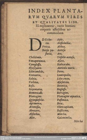 Index Plantarum Quarum Vires et Qualitates Libr. II. explicantur, variis humani corporis affectibus accommodatae