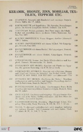 Keramik, Bronze, Zinn, Mobiliar, Textilien, Teppiche etc. (Nr. 604-679)