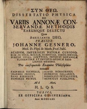 Diss. phys. de variis annonae conservandae methodis, earumque delectu