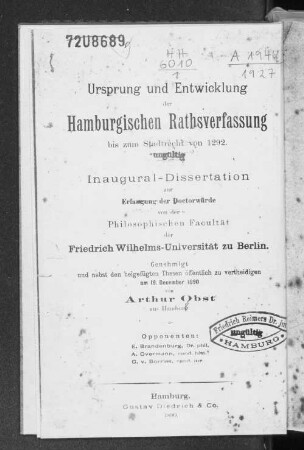Ursprung und Entwicklung der Hamburgischen Rathsverfassung bis zum Stadtrecht von 1292