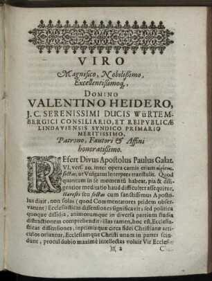 Viro Magnifico, Nobilißimo, Excellentißimoq, Domino Valentino Heidero [...]
