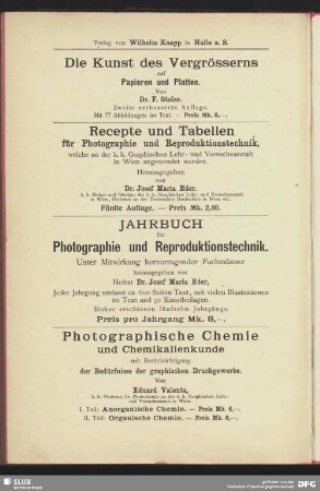Veröffentlichungen des Verlages von Wilhelm Knapp in Halle a.S. zur Fotografie