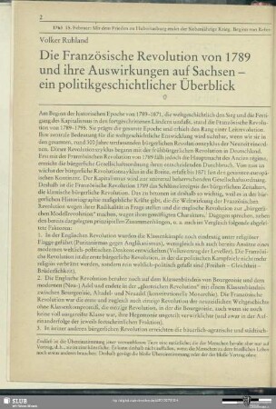Die Französische Revolution von 1789 und ihre Auswirkungen auf Sachsen - ein politikgeschichtlicher Überblick