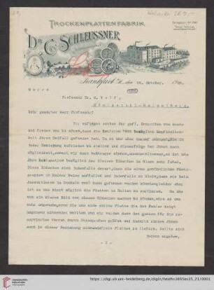 Brief von Carl Schleussner von Dr. C. Schleussner AG (Frankfurt, Main) an Max Wolf